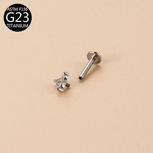 ASTM F136 G23 Titanium stud with cross design and cubic zirconia for body piercing