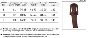Size chart for long sleeve mesh patchwork dress showing bust, waist and hip measurements