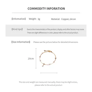 Detailed spec sheet showing 20cm bracelet length, 3g weight, copper and zircon materials