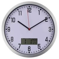 Detail view of round silver wall clock with Arabic numerals and integrated LCD display