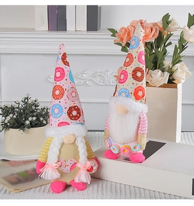 Detail of Christmas plush gnomes with colorful donut patterns and braided white beards