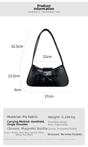Detailed size specifications of black PU baguette bag with decorative bow and magnetic clasp