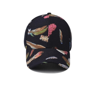 Classic black baseball cap featuring colorful feather prints and curved brim for outdoor sun protection