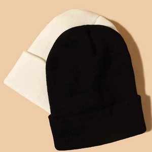 Unisex embroidered knit beanie set with black and cream white winter warm hats