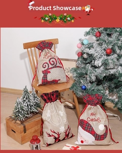 Three Christmas burlap drawstring gift bags with Santa and reindeer motifs on wooden chair