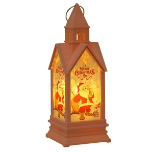 Pink and white Christmas lantern with Santa Claus pattern and warm orange LED light