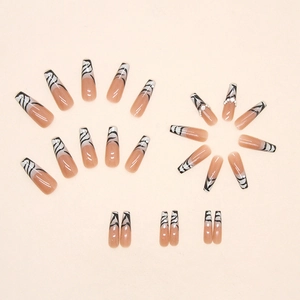 French zebra print coffin press-on nails with rhinestones and nude base set