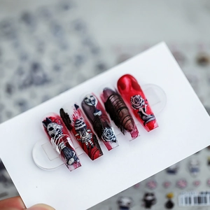 5D Japanese gothic nail stickers featuring red roses and rabbit mask patterns