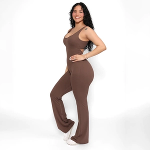 Detailed side view of brown bodycon jumpsuit featuring backless design and flared leg style