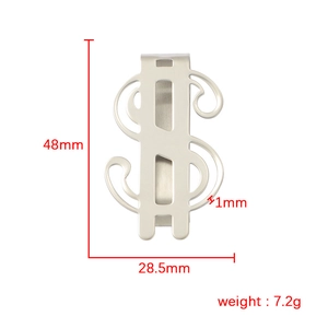 Stainless steel dollar sign money clip with polished silver finish and size specifications