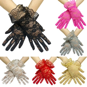 Lace etiquette gloves in various colors featuring floral hollow patterns and wavy cuffs