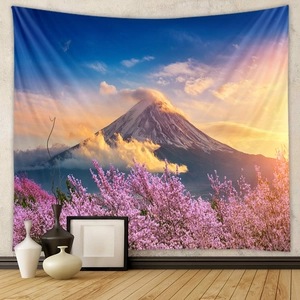 Detailed view of bohemian tapestry featuring Mount Fuji and cherry blossoms for room decor