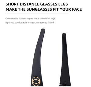 Detail of ergonomic black sunglasses temple with gold metal ring and comfort grip