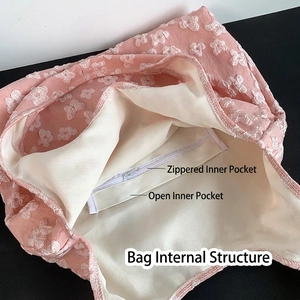Pink floral lace shoulder bag featuring a secure zipper pocket and open inner compartment