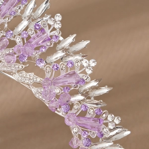 Detailed macro view of silver alloy crown with sparkling purple and clear crystals