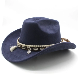 Dark blue suede western cowboy hat with ethnic fringes, shells and coin tassel detail