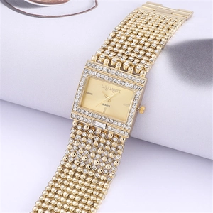 Luxury gold square quartz watch for women with full rhinestone inlay and mesh band