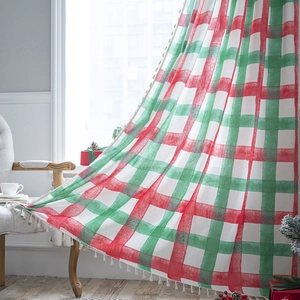 Christmas Curtain Cotton Linen Half Shading Partition Decorative Tassel Fringe Plaid Snowflake Holiday Pattern Home