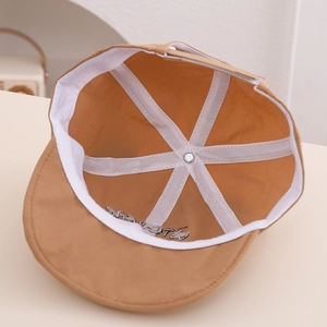 Internal view of khaki baby baseball cap showing six-panel stitch and white sweatband