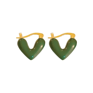 Vintage gold V-shaped hoop earrings featuring green heart-shaped enamel pendants