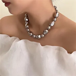 French style irregular silver bead necklace with high-polish metallic finish for women