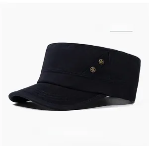 Detail of navy blue cotton cadet cap featuring vintage metal star buckle ornaments