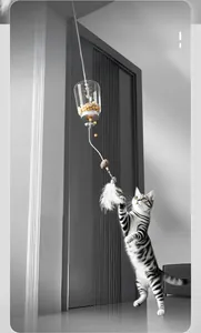 Silver tabby cat interacting with an interactive treat dispenser toy and feather