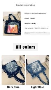 Detail of patchwork denim tote bags in dark and light blue with size parameters