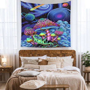 Detailed view of a psychedelic mushroom tapestry with lizard and cosmic stars in a cozy bedroom