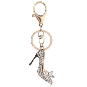 Sparkling crystal high heel keychain with gold metal plating and floral rhinestone charm