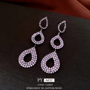 Luxury lavender rhinestone teardrop tassel earrings with triple-layered hollow design