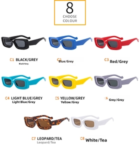 Multiple color options of retro rectangular sunglasses in an eight-piece matrix layout