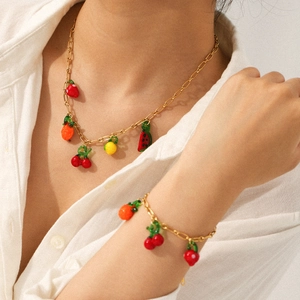Gold Plated Stainless Steel Colorful Fruit Pendant Necklace And Bracelet Resin Watermelon Cherry Strawberry For Women
