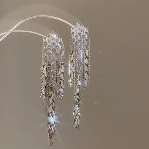 Silver needle wheat leaf tassel earrings with sparkling zircon for luxury look