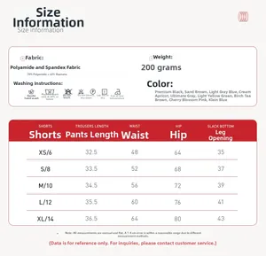 Size guide for yoga shorts showing fabric blend and detailed measurement chart