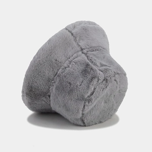 Close-up of thick grey plush faux fur texture on a warm winter bucket hat for women
