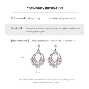 Size chart showing 7x4cm dimensions and 23g weight for rhinestone tassel earrings