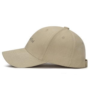 Stylish khaki cotton baseball cap with white letter embroidery in a classic 6-panel design