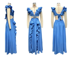 Detail view of light blue maxi dress with ruffle trim, cutout waist, and back tie design
