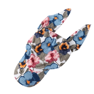Detail of floral print headband featuring blue and pink patterns with a knotted design