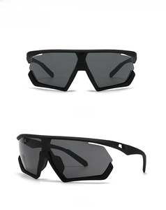 Front and side macro views of black oversized one-piece wrap-around sporty sunglasses