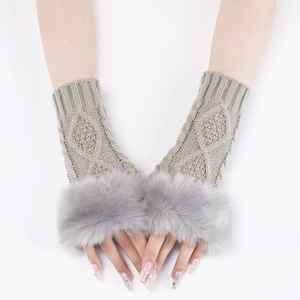 Close-up of diamond pattern knit fingerless gloves with plush grey faux fur cuffs