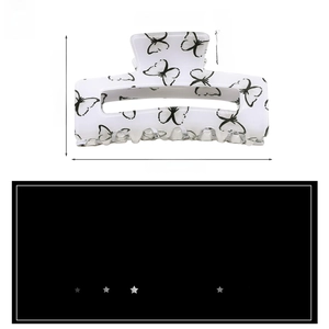 Detailed dimensions of white butterfly hair claw clip with black patterns and measurements