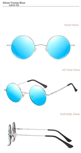 Detailed views of vintage silver metal frame sunglasses with blue polarized lenses