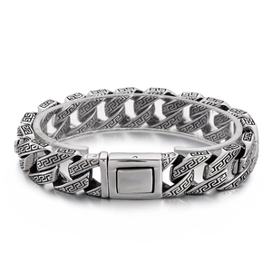 Men 316L Stainless Steel Cuban Chain Bracelet Vintage Distressed Greek Key Meander Pattern Retro Jewelry