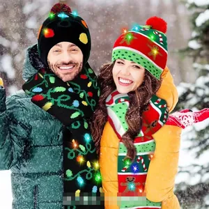 Matching Christmas knit hat and scarf set with LED lights featuring festive icons