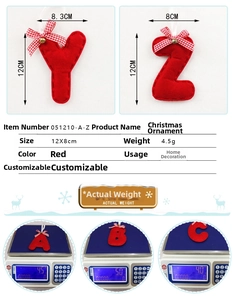 Detail view of 12x8cm red felt alphabet Christmas ornaments with ribbon bow for holiday decor