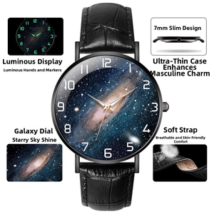 Detail view of 7mm ultra-thin case, luminous markers and starry dial on men's watch