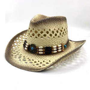 Western Cowboy Straw Hat Paper Hollow Out Sun Protection Outdoor Beach Vintage Ethnic Beaded Band Turquoise Star Unisex