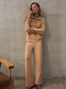 Women's two-piece knit set with V-neck polo sweater and wide-leg trousers in camel beige